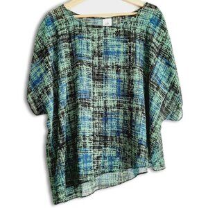 CABI Semisheer Asymmetrical Hem Light Blouse Top Green & Blue Sz L